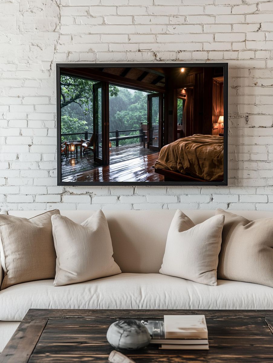 Rainy Jungle Cabin Photography Poster. — room view 1
