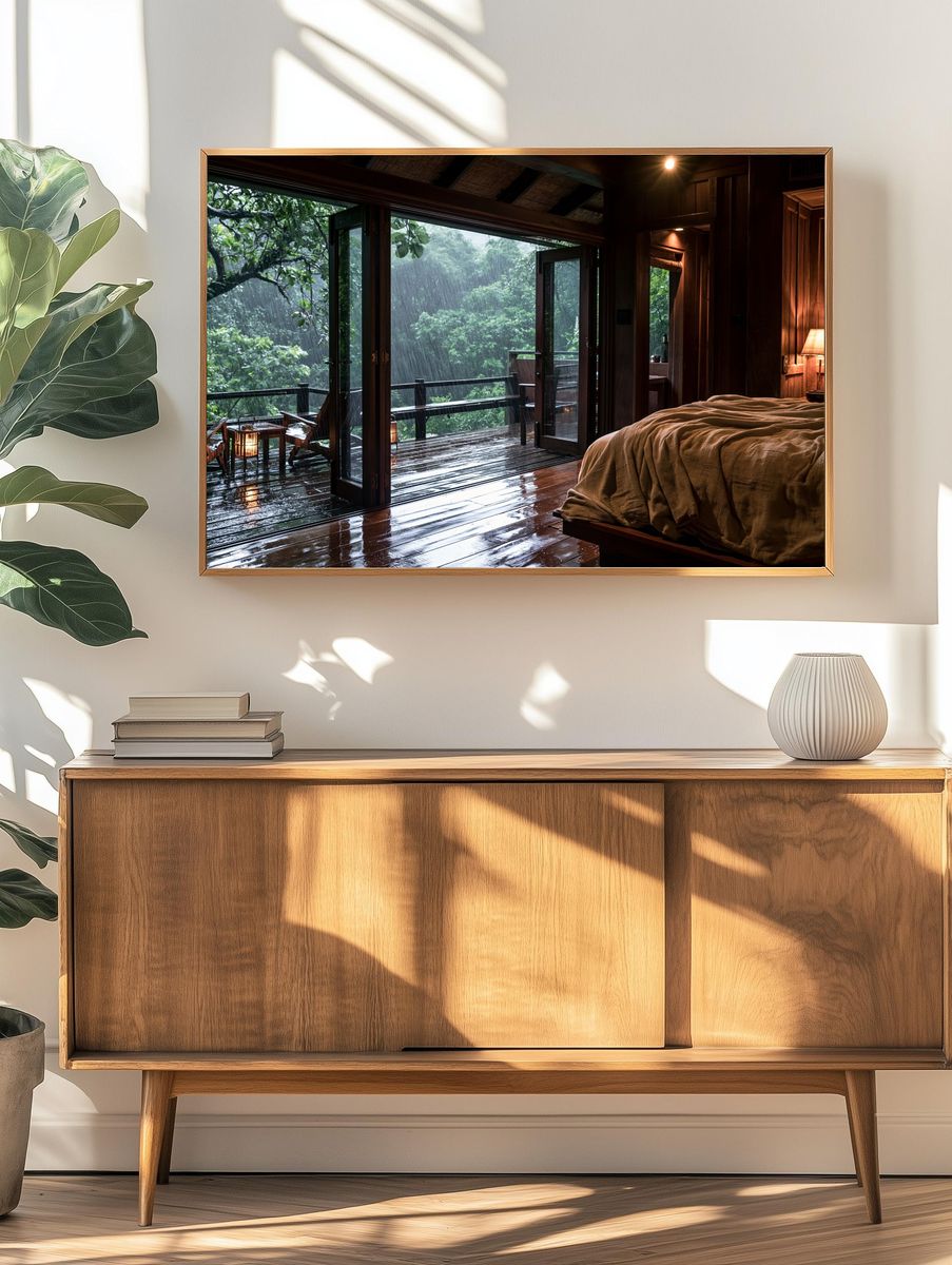 Rainy Jungle Cabin Photography Poster. — room view 3