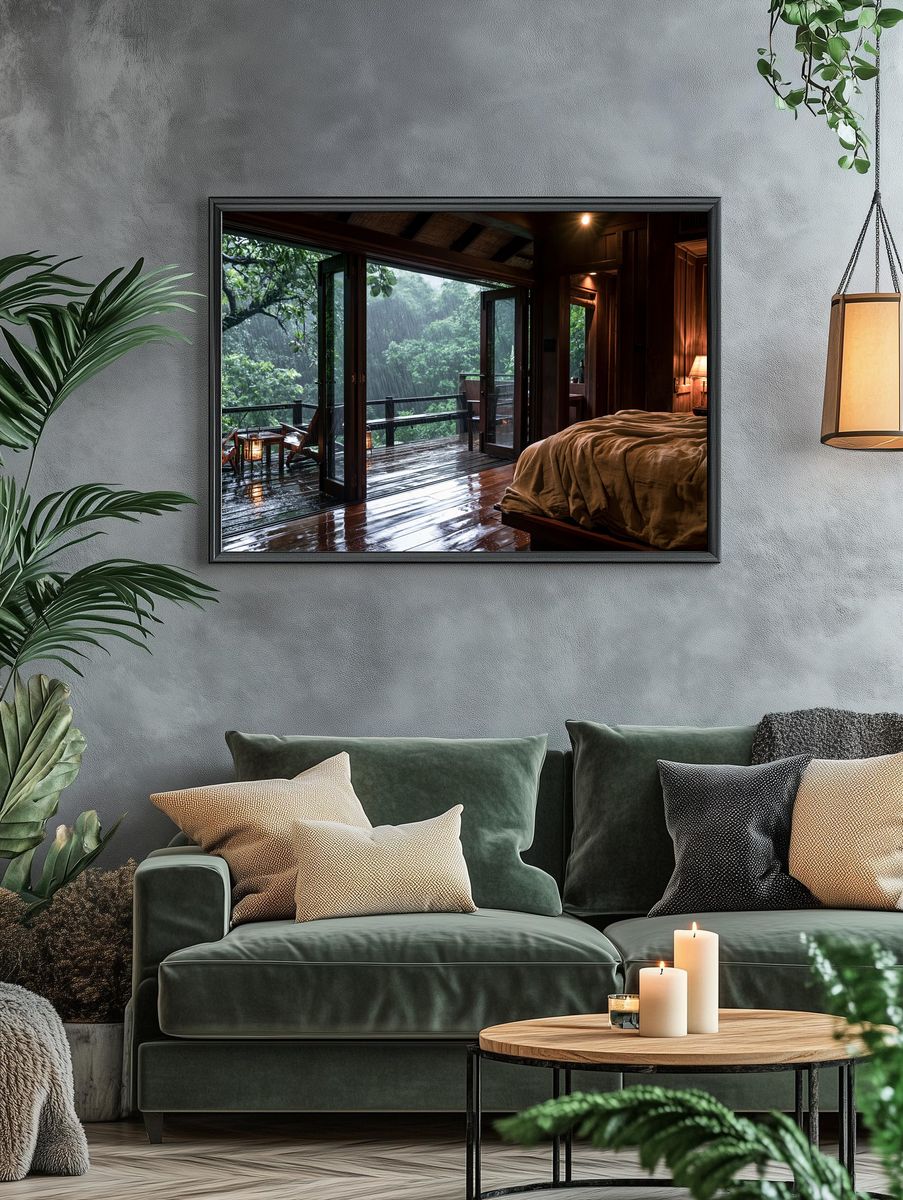 Rainy Jungle Cabin Photography Poster. — room view 4