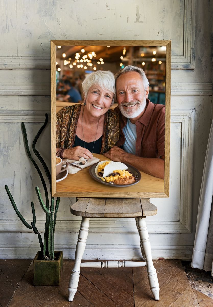 Smiling Couple Café Portrait Poster. — room view 1