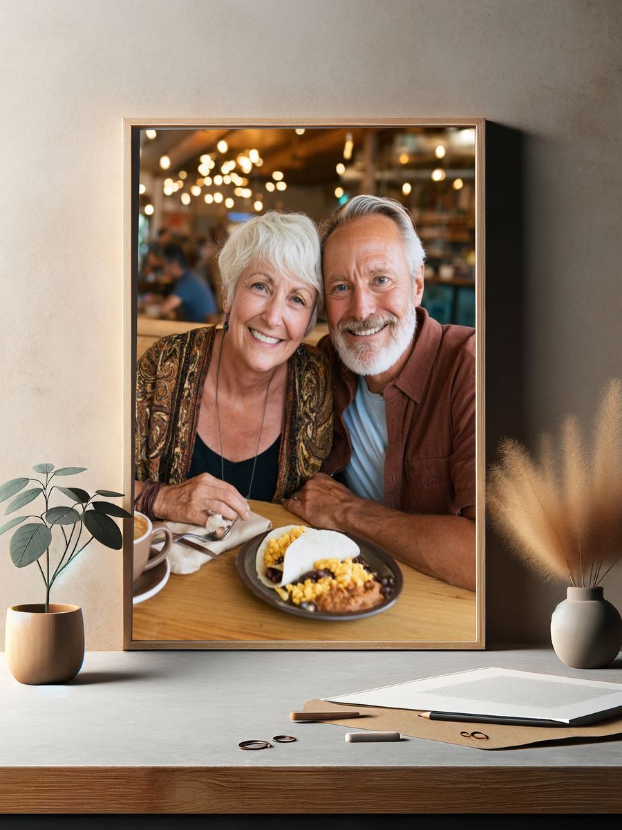 Smiling Couple Café Portrait Poster. — room view 2