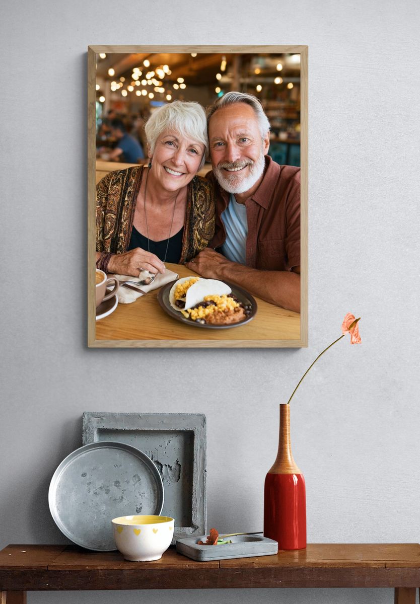 Smiling Couple Café Portrait Poster. — room view 3