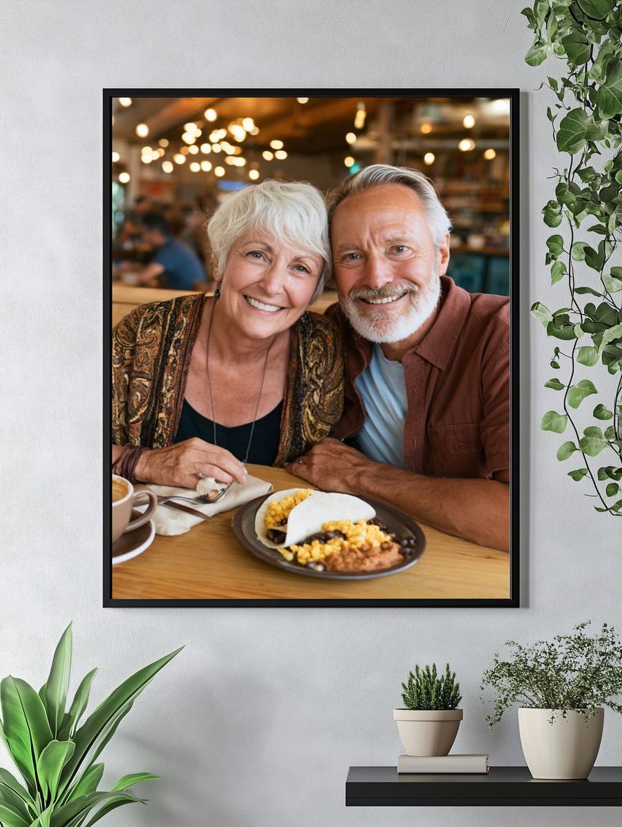 Smiling Couple Café Portrait Poster. — room view 4