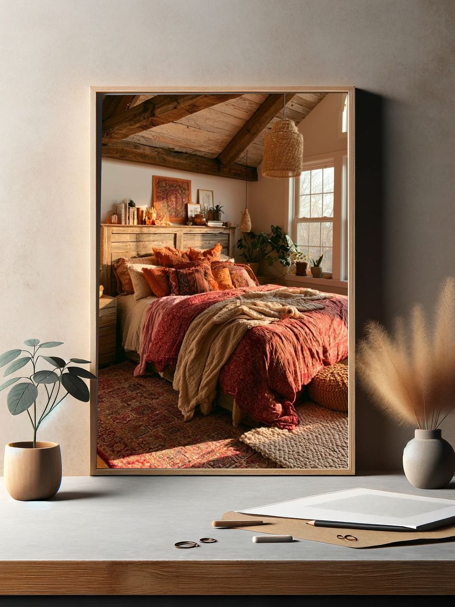Boho Bedroom Interior Photography Poster. — room view 2