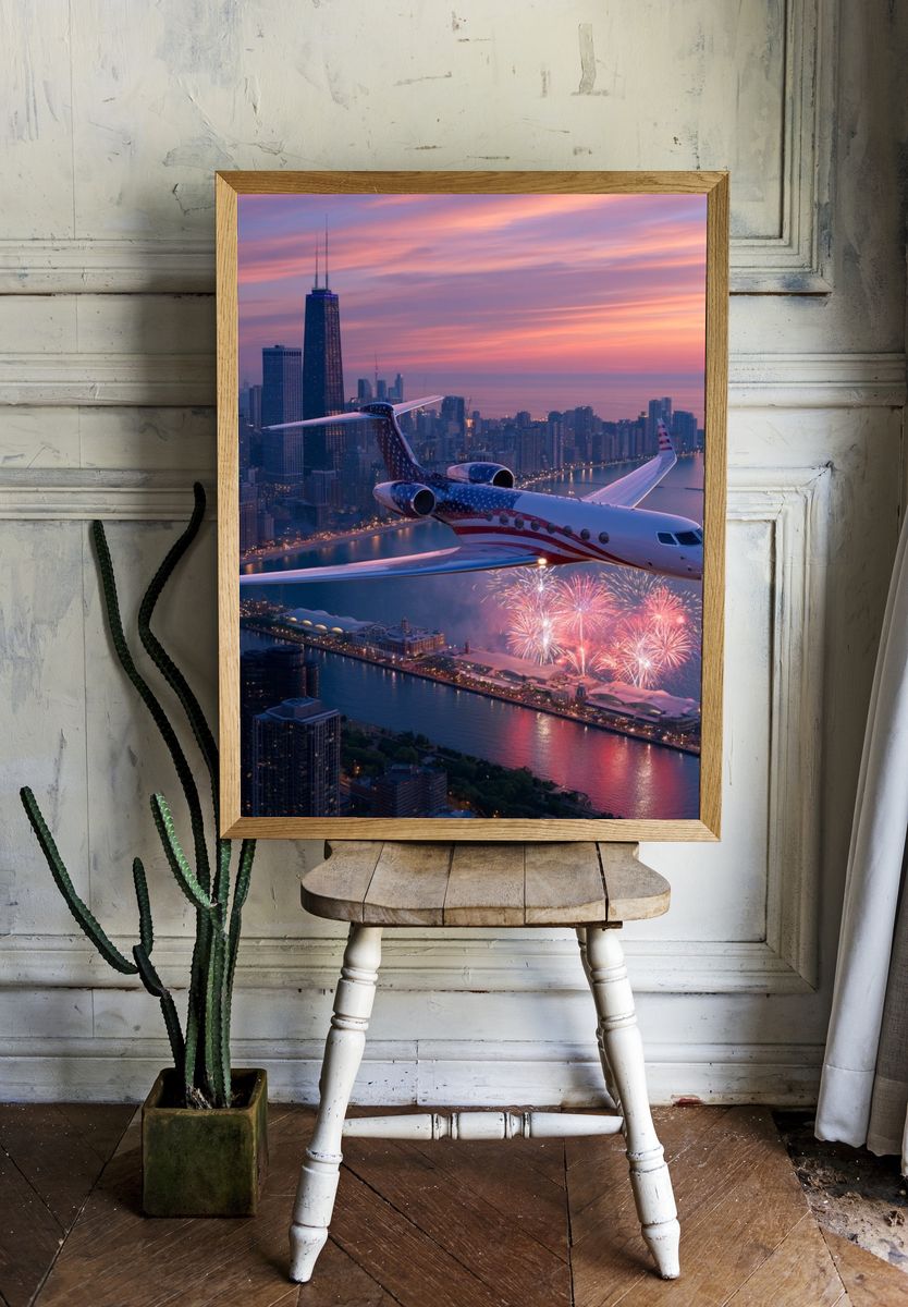 American Jet Over Chicago Sunset Poster. room preview