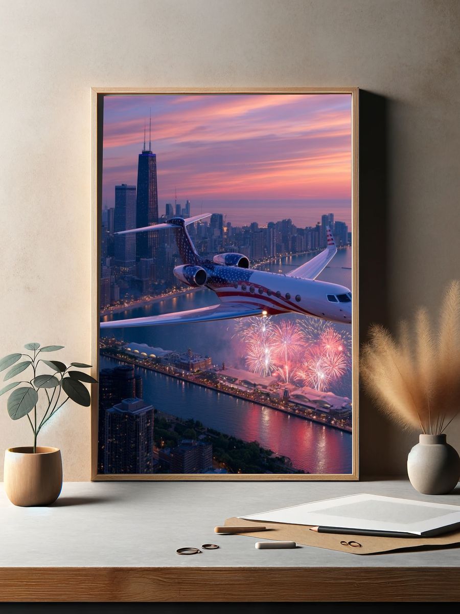 American Jet Over Chicago Sunset Poster. — room view 2