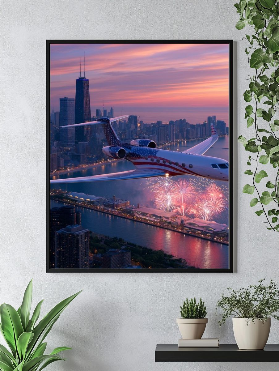 American Jet Over Chicago Sunset Poster. — room view 4