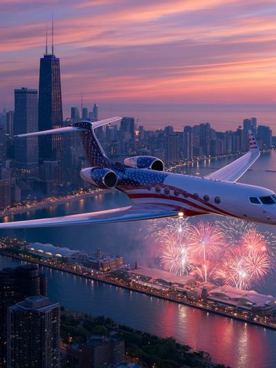 American Jet Over Chicago Sunset Poster.