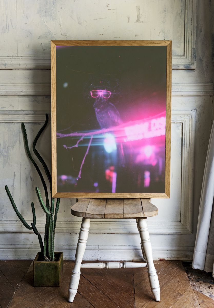 Neon Owl Portrait Poster. room preview