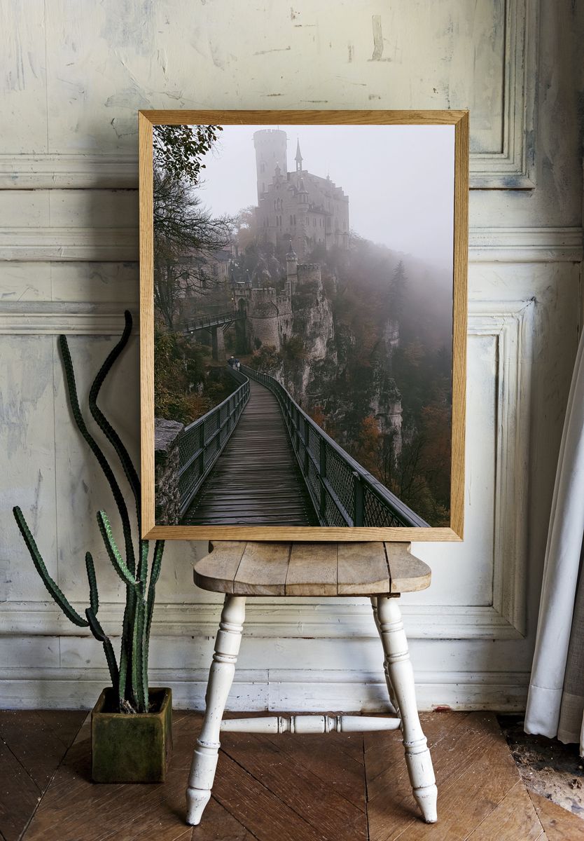 Foggy Castle Bridge Photography Poster. — room view 1