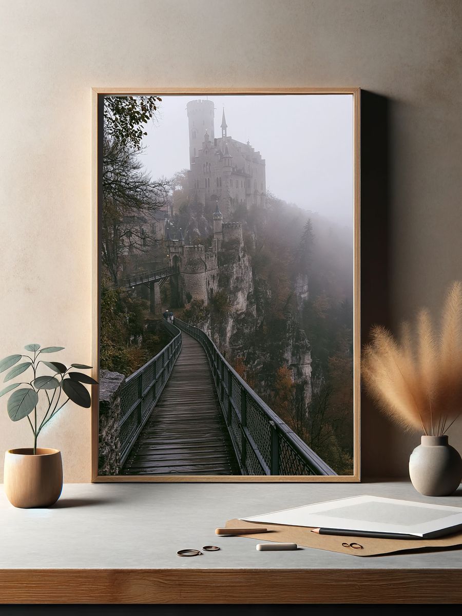 Foggy Castle Bridge Photography Poster. — room view 2