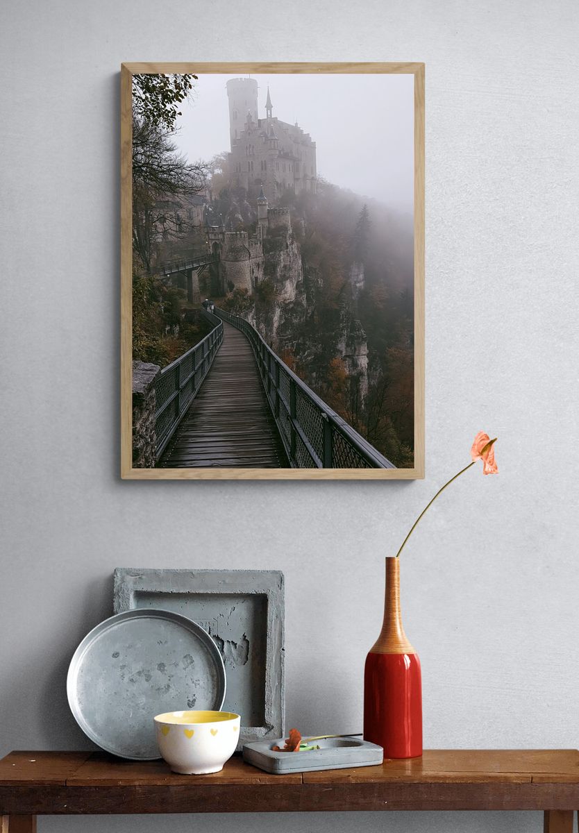 Foggy Castle Bridge Photography Poster. — room view 3