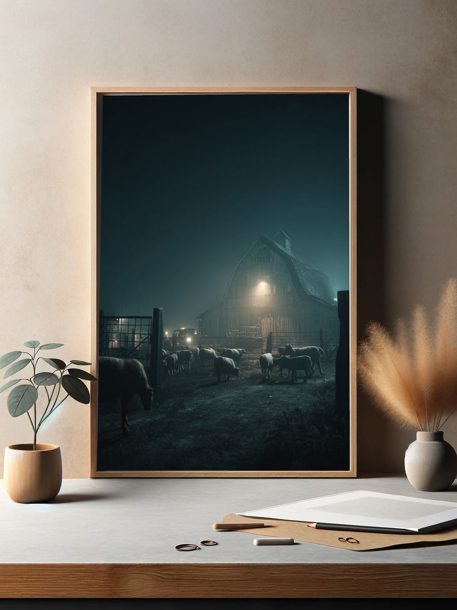 Foggy Farm at Night Photography Poster. — room view 2