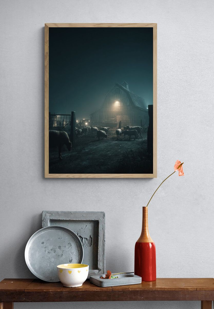 Foggy Farm at Night Photography Poster. — room view 3