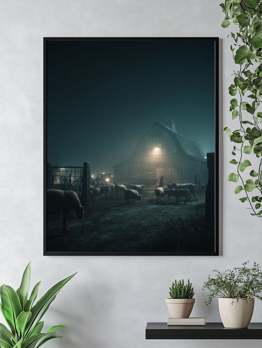 Foggy Farm at Night Photography Poster. — room view 4