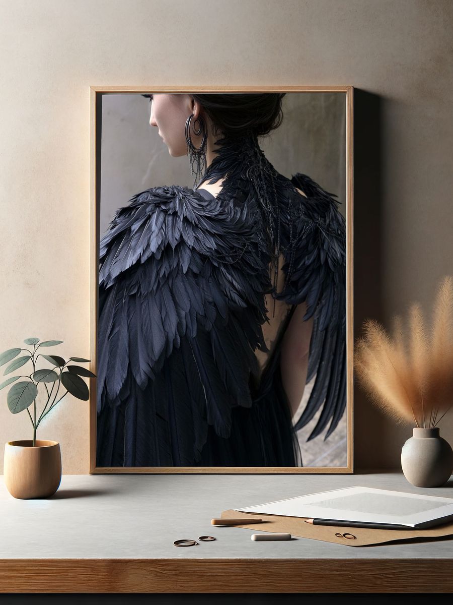 Black Feather Fashion Portrait Poster. — room view 2