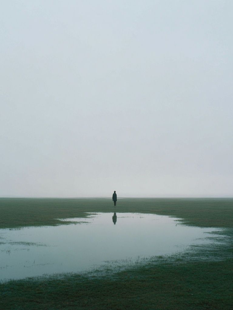 Lone Figure in Misty Field Poster. poster detail