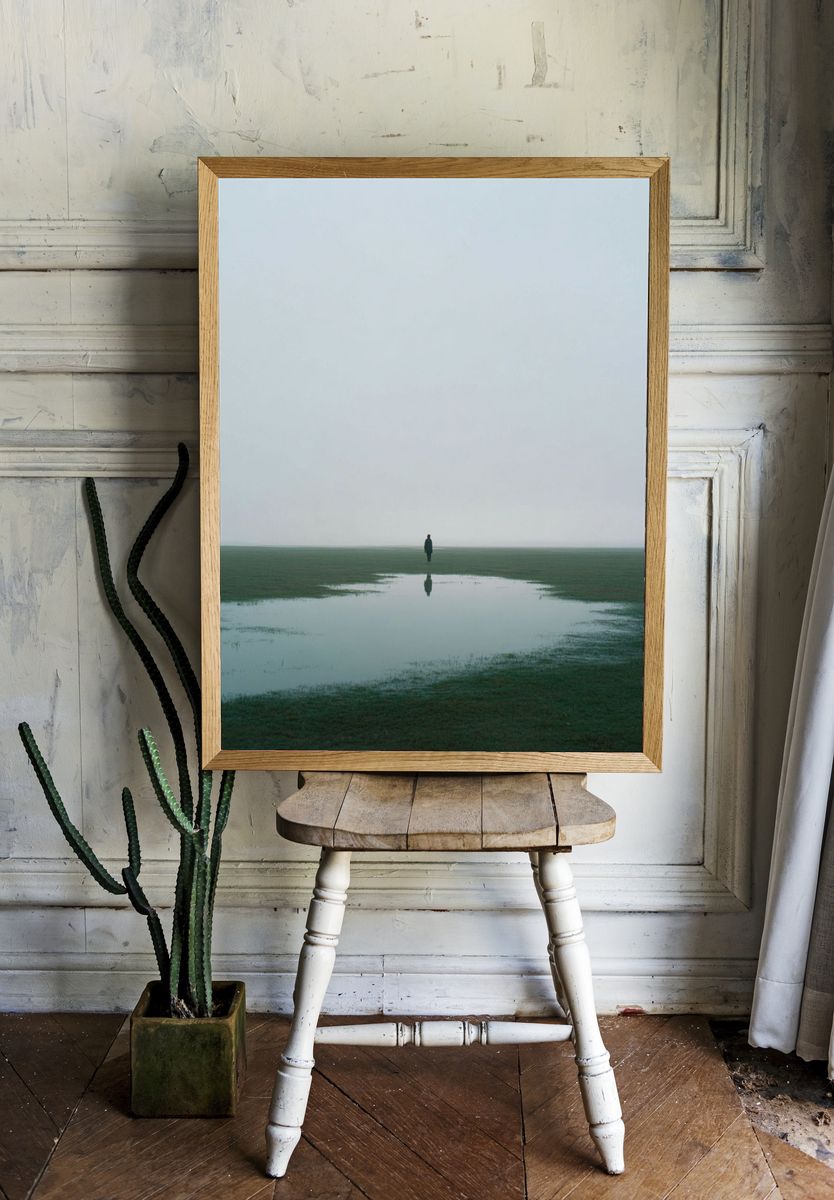 Lone Figure in Misty Field Poster. room preview