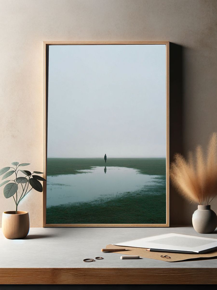 Lone Figure in Misty Field Poster. — room view 2