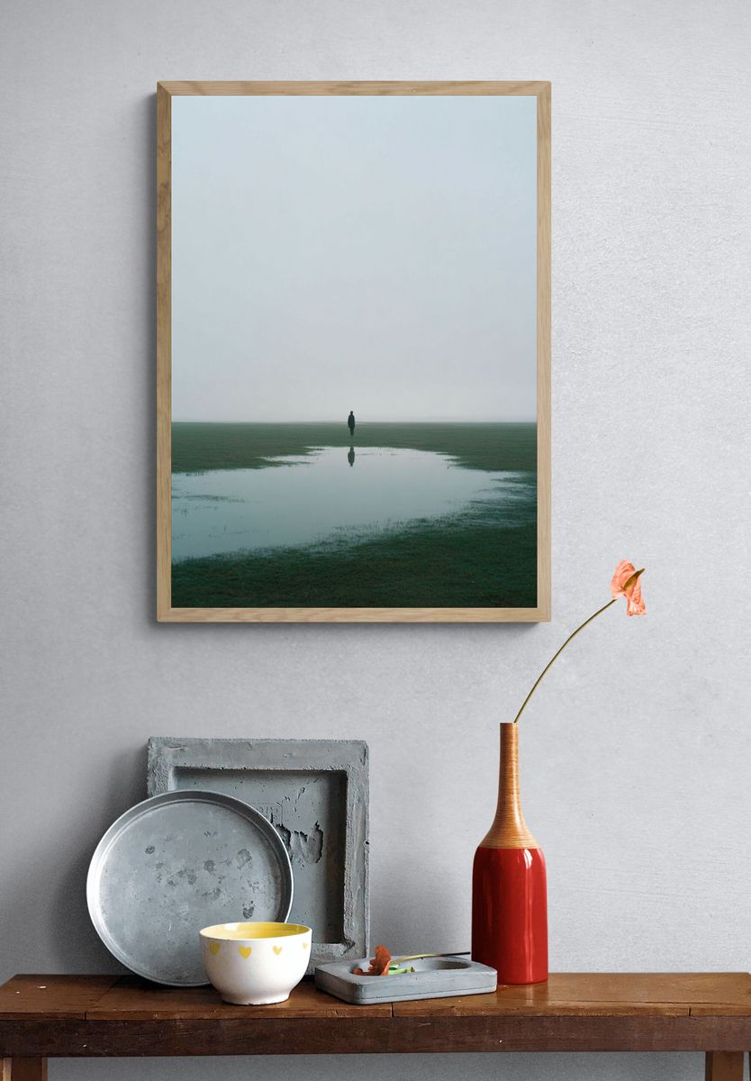 Lone Figure in Misty Field Poster. — room view 3