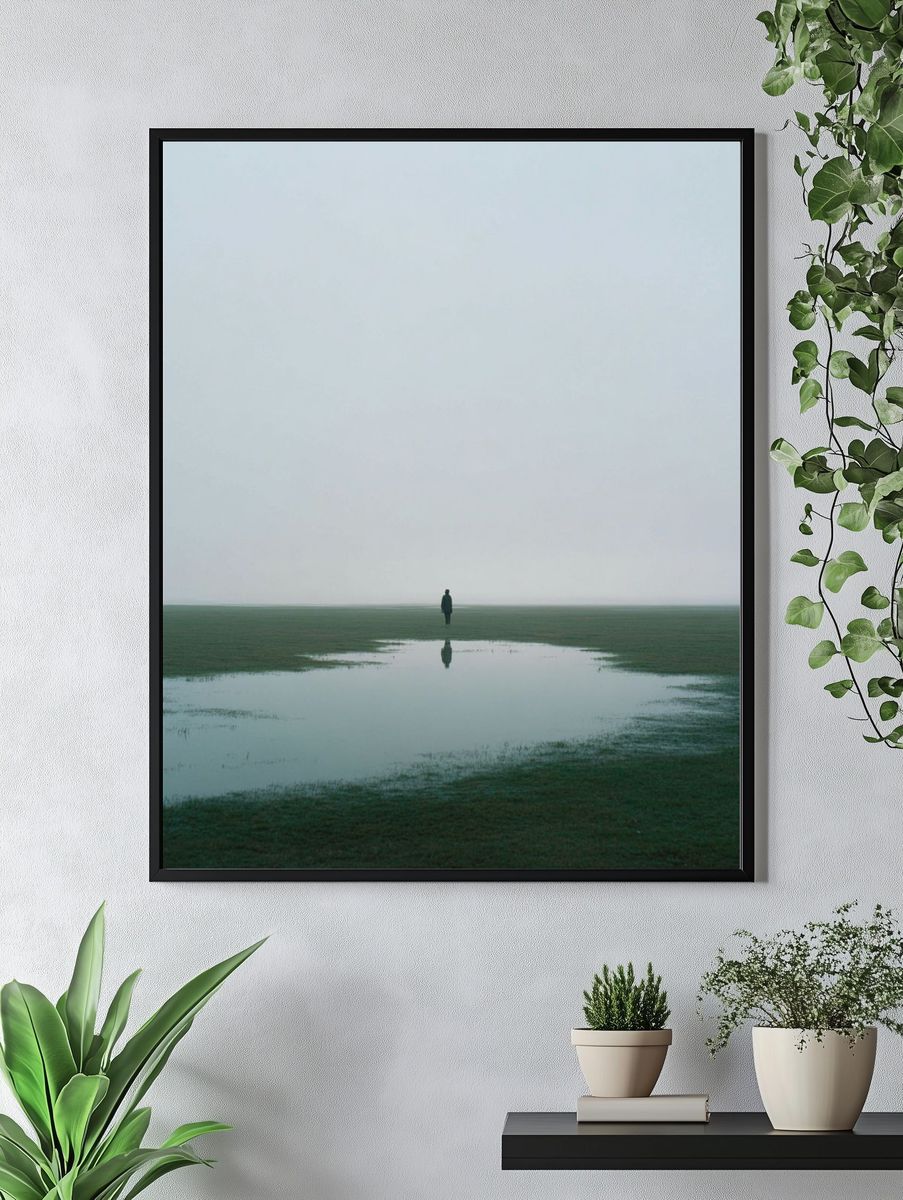 Lone Figure in Misty Field Poster. — room view 4