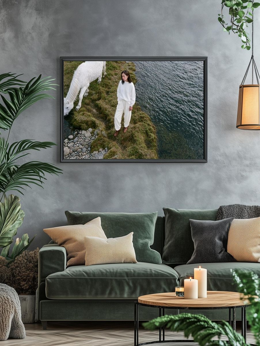 Woman and White Horse Photography Poster. — room view 4