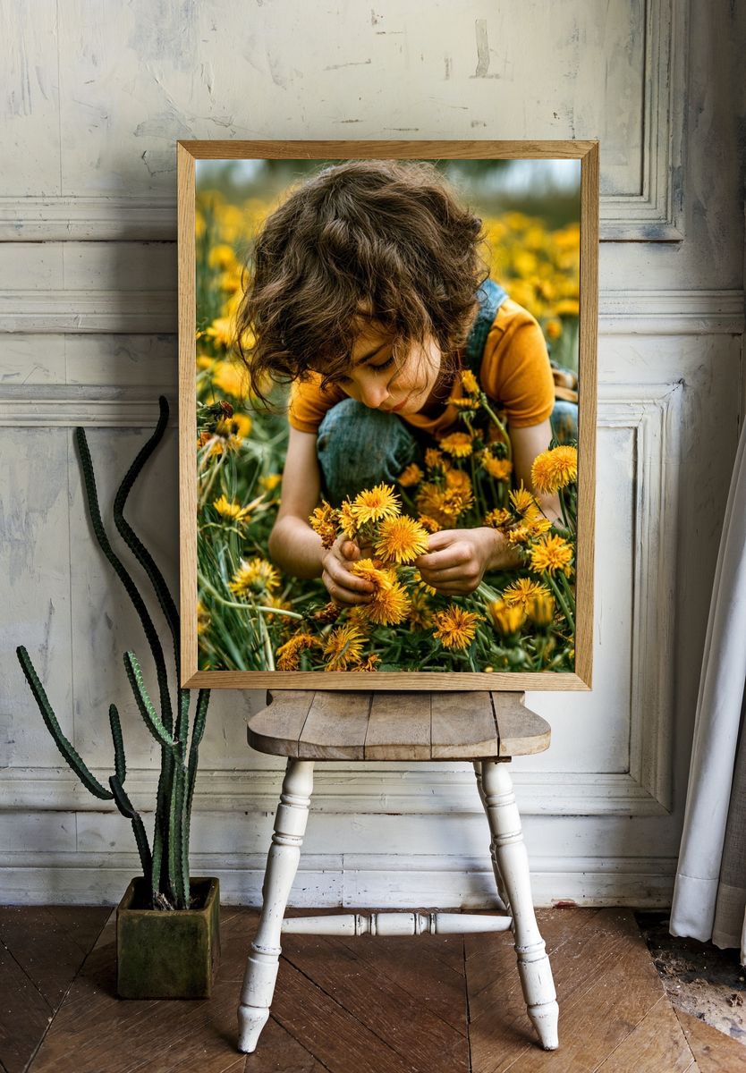 Child in Dandelion Field Photography Poster. room preview