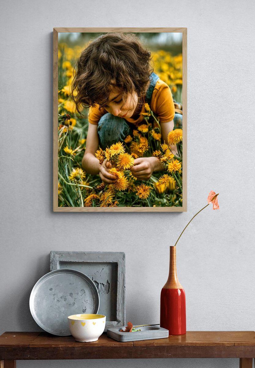 Child in Dandelion Field Photography Poster. — room view 3