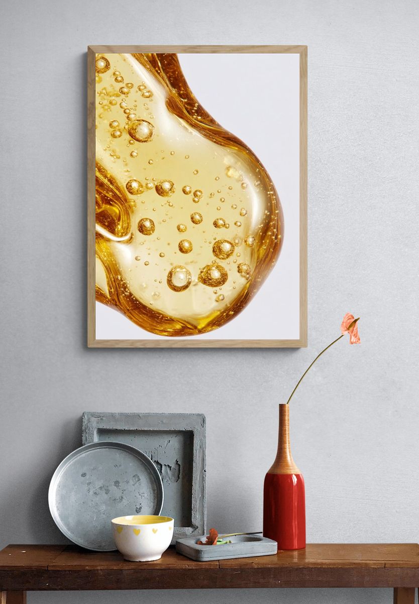 Golden Oil Bubbles Photography Poster. — room view 3