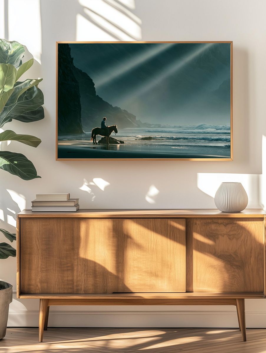 Horse on Misty Beach Photography Poster. — room view 3
