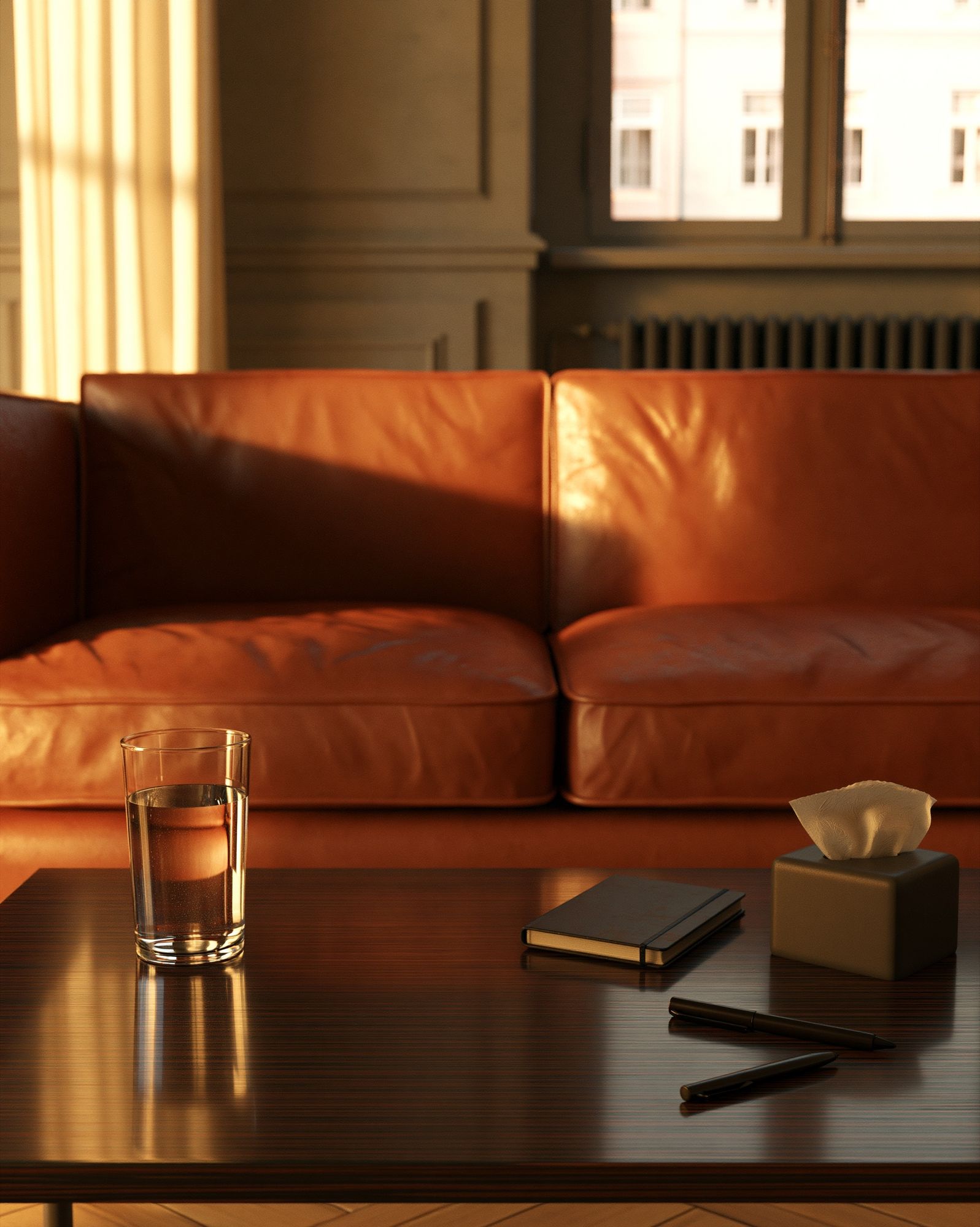 Sunlit Leather Sofa Interior Photography Poster. poster — photography art