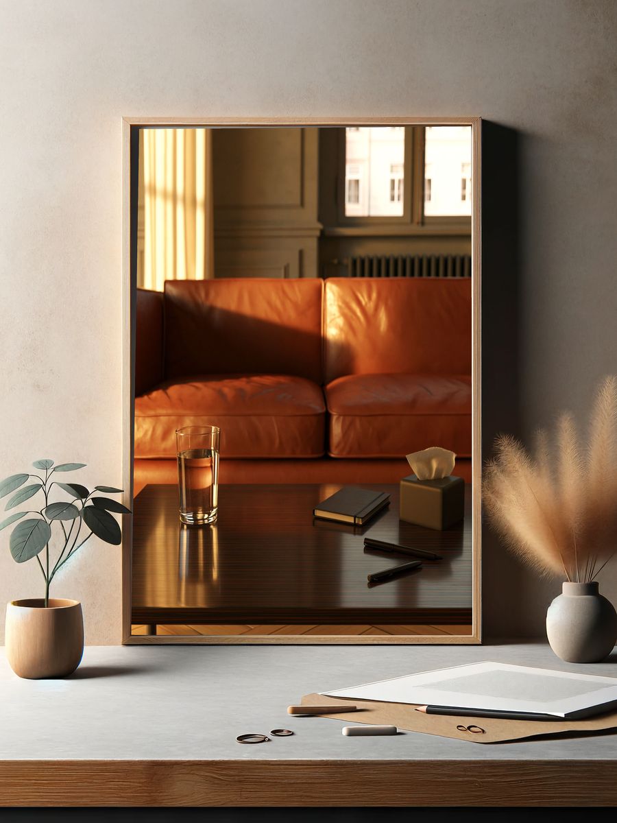 Sunlit Leather Sofa Interior Photography Poster. — room view 2
