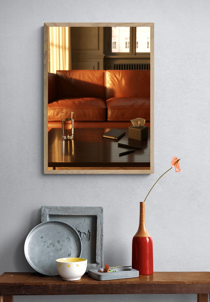 Sunlit Leather Sofa Interior Photography Poster. — room view 3