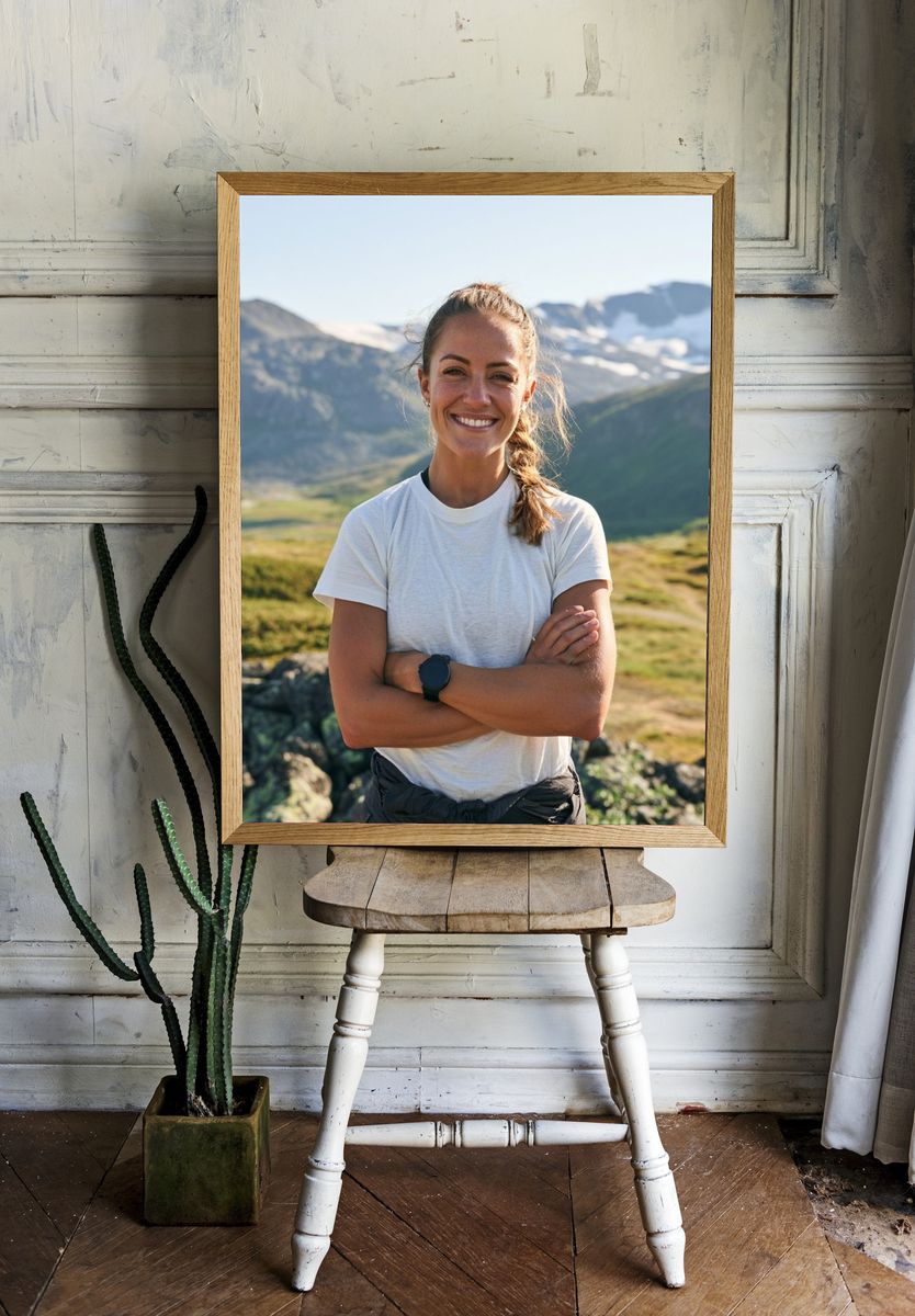 Smiling Hiker in Mountains Photography Poster. — room view 1
