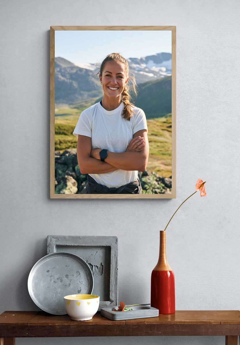 Smiling Hiker in Mountains Photography Poster. — room view 3