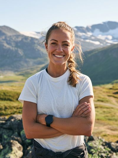 Smiling Hiker in Mountains Photography Poster.