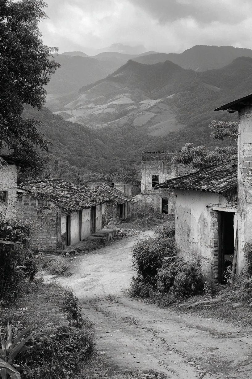 Mountain Village Road Black-White Poster. poster detail