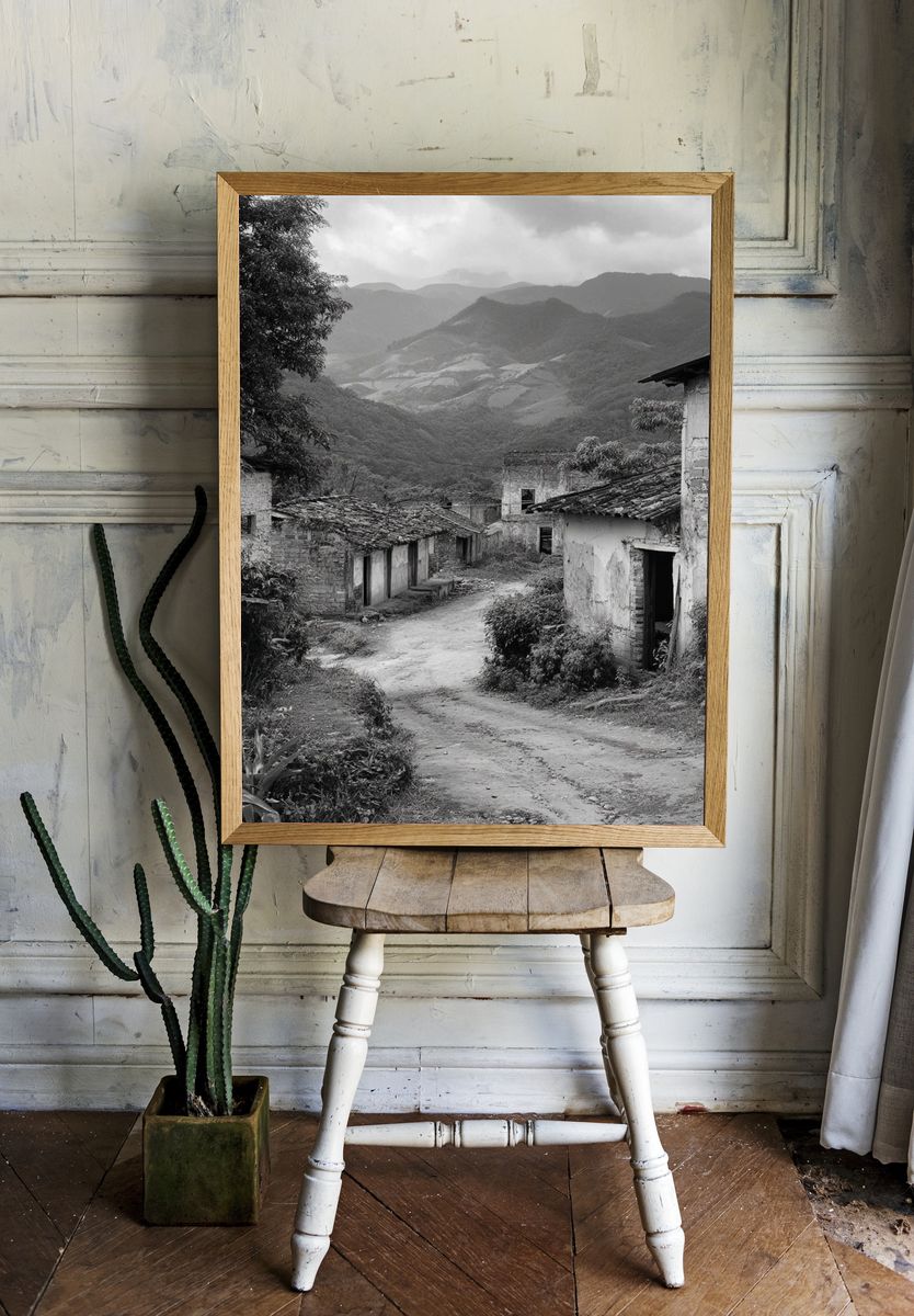 Mountain Village Road Black-White Poster. room preview