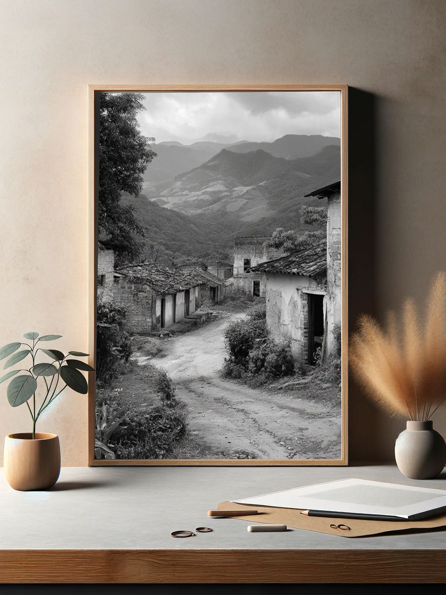 Mountain Village Road Black-White Poster. — room view 2