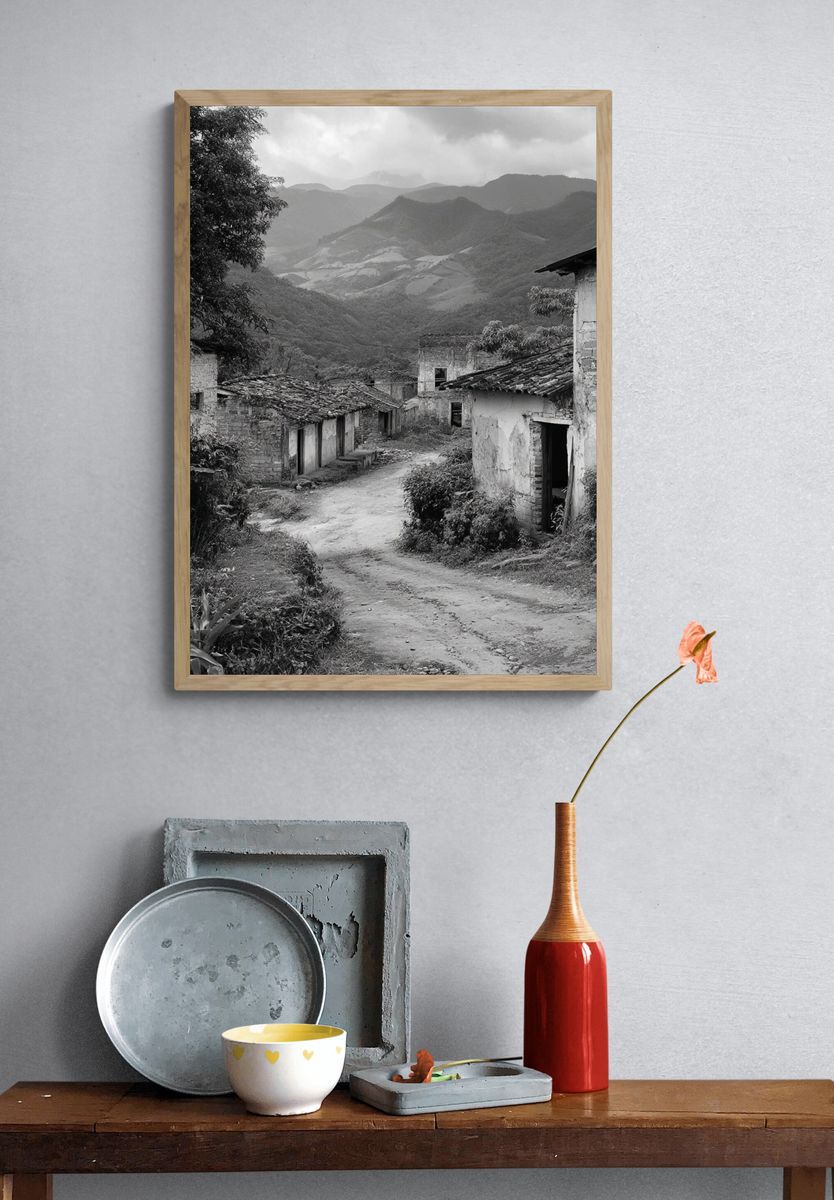 Mountain Village Road Black-White Poster. — room view 3