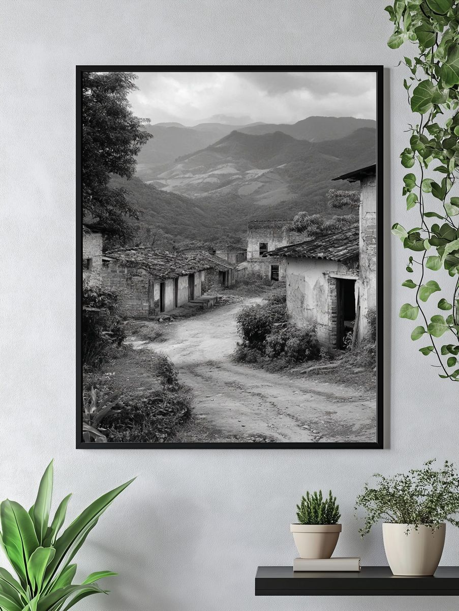 Mountain Village Road Black-White Poster. — room view 4