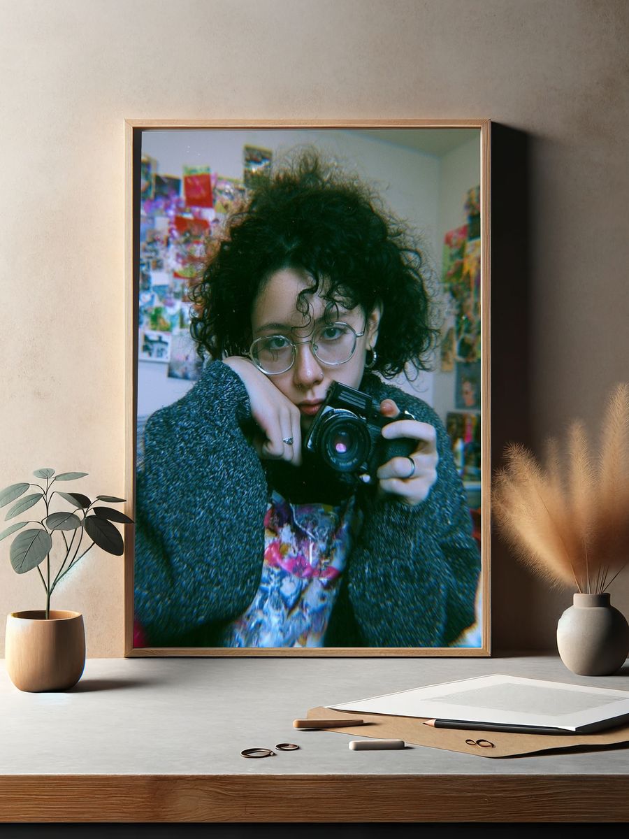 Curly Portrait with Camera Print. — room view 2