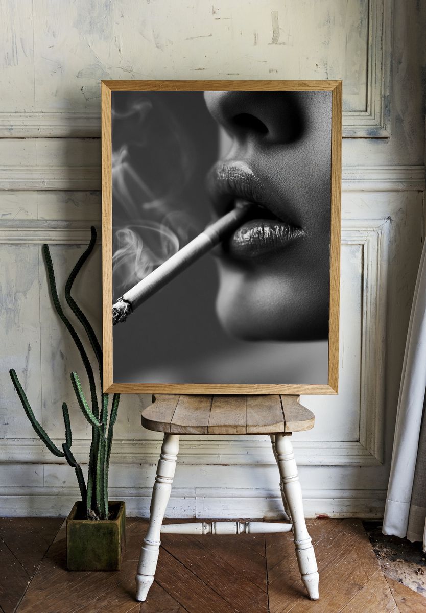 Smoking Lips Black-White Poster. — room view 1