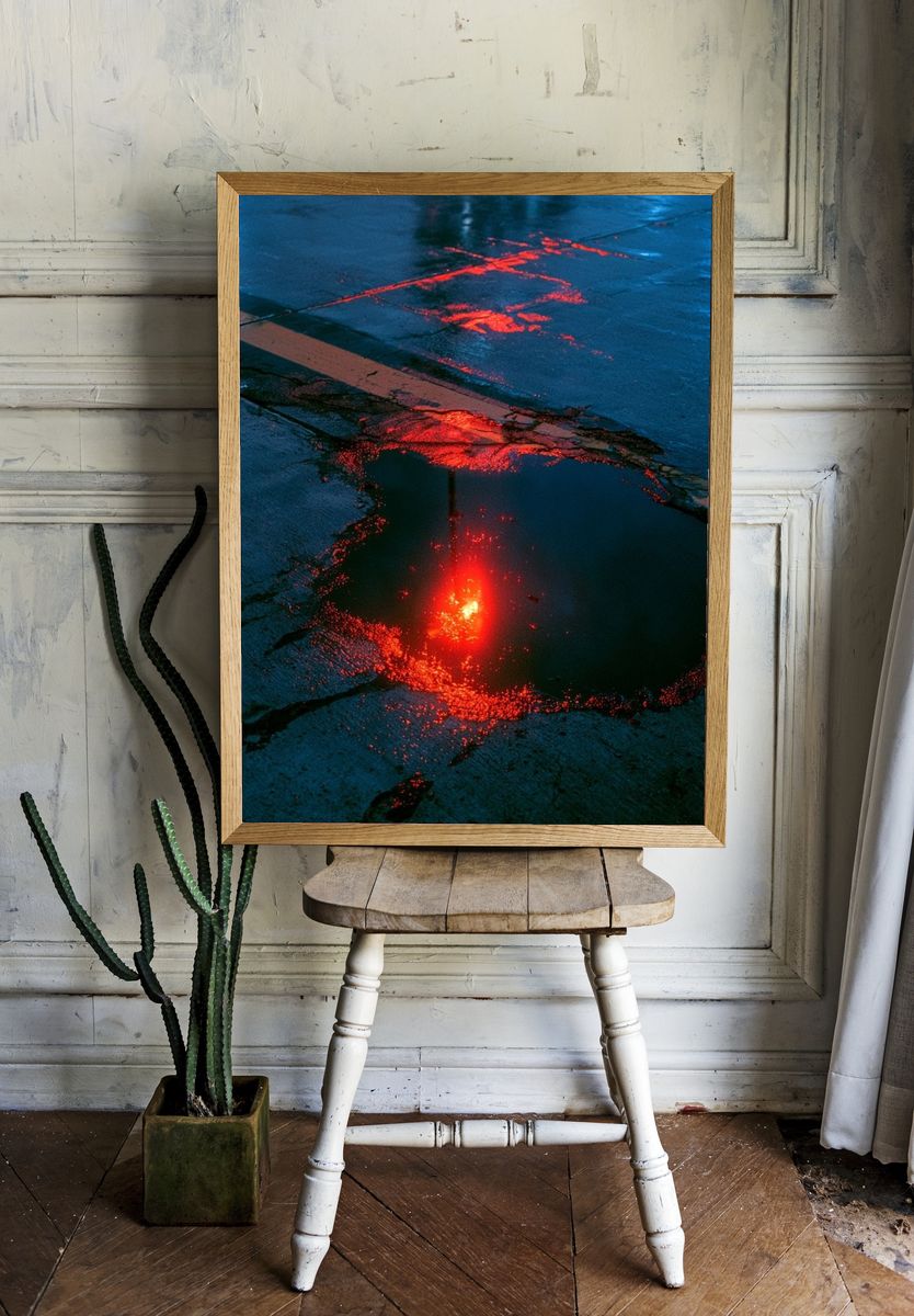 Neon Rain Puddle Photography Poster. room preview