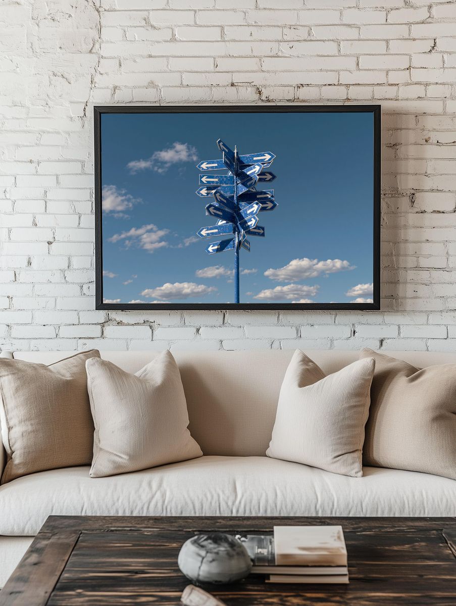 Blue Direction Signpost Photography Poster. — room view 1