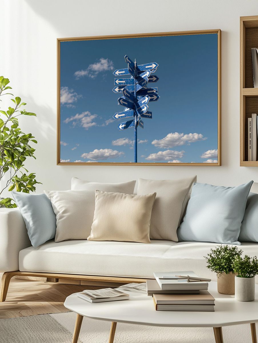 Blue Direction Signpost Photography Poster. — room view 2