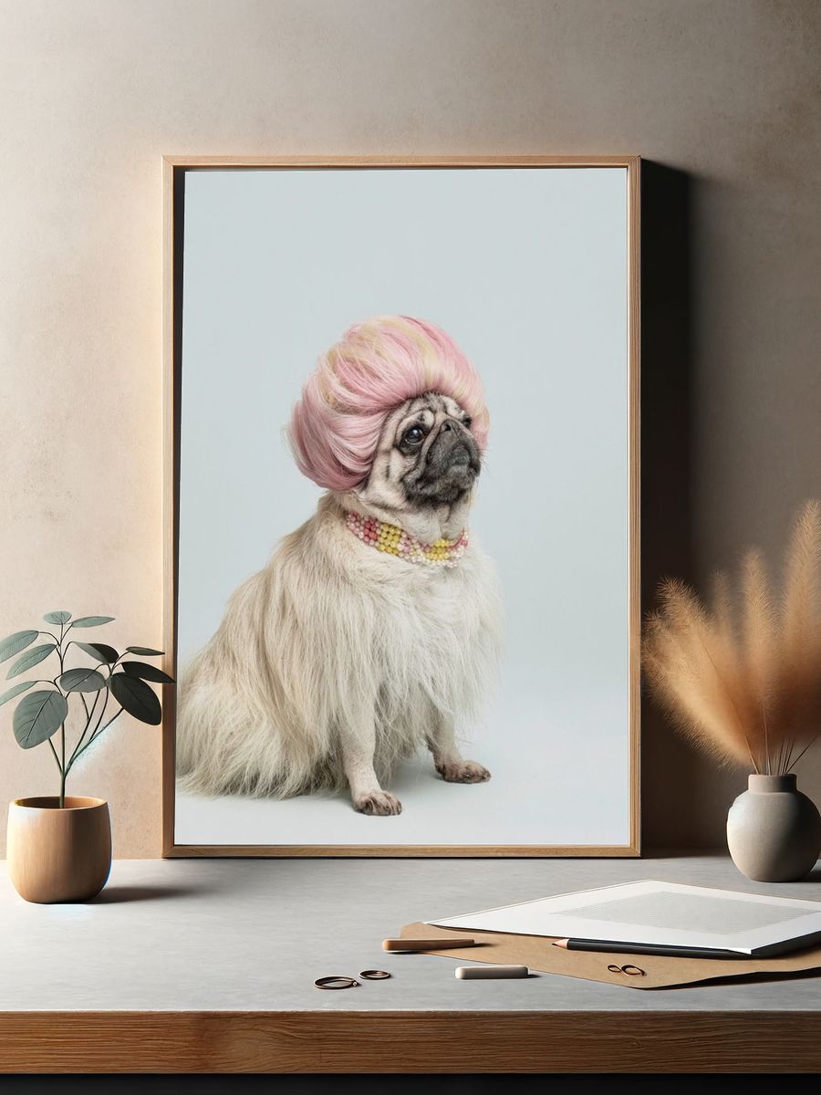 Pug in Pink Wig Photography Poster. — room view 2