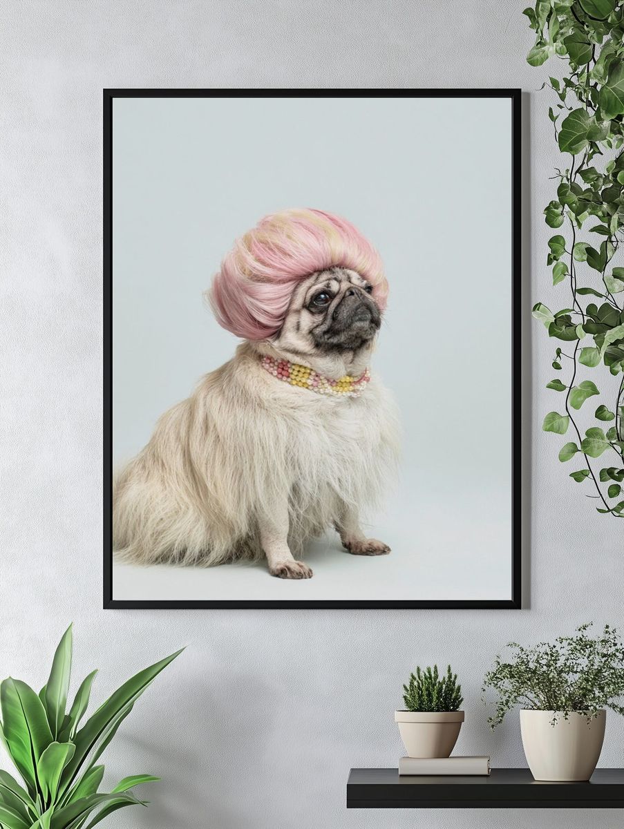 Pug in Pink Wig Photography Poster. — room view 4
