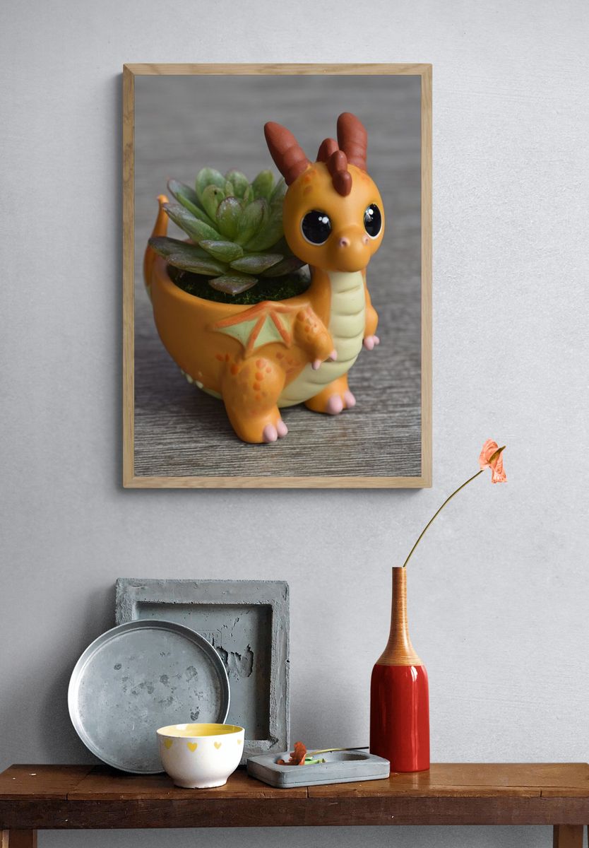 Cute Dragon Succulent Photography Poster. — room view 3