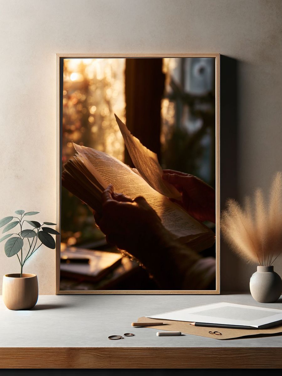 Sunlit Book Reading Photography Poster. — room view 2